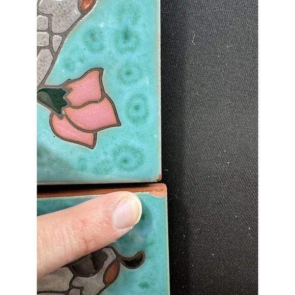 Vintage Cleo Teissedre Ceramic Quail Southwest Hand Painted Tile Trivet Set Rare - Picture 3 of 5